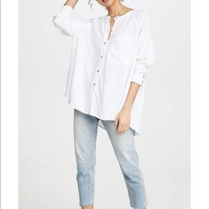 Free People Linen Blend Fringe Button-Down Top